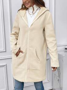 SHEIN LUNE Women's Solid Color Zipper Front Hooded Fleece Jacket - Apricot - View 5