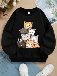 SHEIN Tween Girl Crew Neck Long Sleeve Casual Cute Cat Pattern Sweatshirt,In Fall/Winter