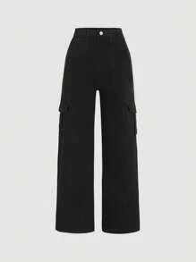 SHEIN Girlism Teen Girls' Denim Cargo Pants - Black - View 1