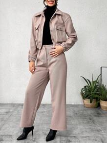 SHEIN Essnce Quý cô Màu thuần Cổ áo sơ mi Với Lớn Túi Áo Và Len áo Bộ , 2 Miếng - Màu Khaki - Xem 5