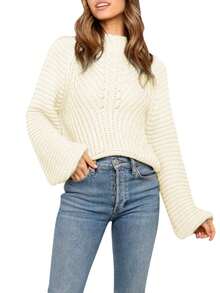 Simplee Women's Solid Color Simple Style Sweater - Apricot - View 3