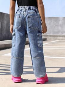 女小童側翻蓋口袋工裝牛仔褲 - 淺色水洗藍 - 查看 2