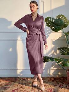 Modelyn 女士純色缺口v領連身裙,配腰帶 - 藕粉色 - 查看 6