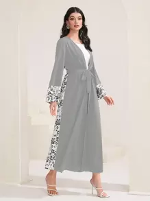 Al Najma Quý cô In hoa Vá lại Tiếng  Ả Rập Áo choàng Abaya - Xám - Xem 6