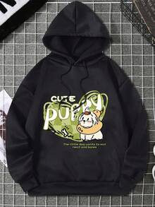Flirla Plus Size Cartoon & Slogan Graphic Thermal Lined Drawstring Sweatshirt - Black - View 1