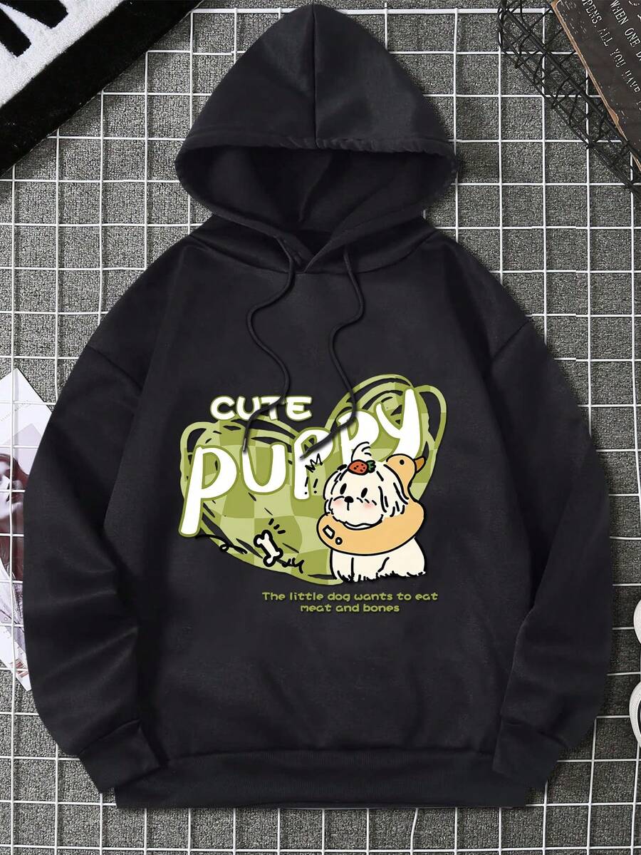 Flirla Plus Size Cartoon & Slogan Graphic Thermal Lined Drawstring Sweatshirt - Black - View 1