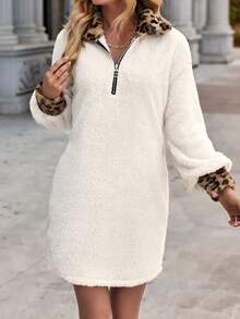 SHEIN LUNE Hoa văn Báo Thả vai Teddy Đầm nỉ - Màu be - Xem 5