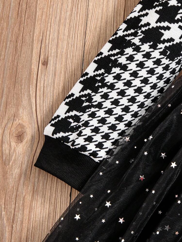 Girls' Plaid & Star Print Sequin Tulle Patchwork Dress For Big Kids