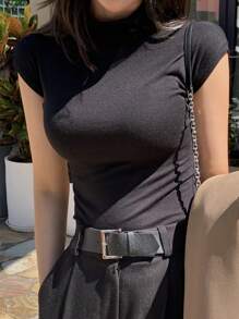 DAZY 女用蓋袖合身 T 卹 - 黑色 - 查看 3