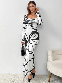 SHEIN Privé Của phụ nữ Đen Và Trắng Tay áo dài Hình vuông Đường viền cổ áo Đầm - Đen và trắng - Xem 5