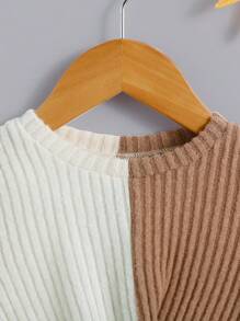 SHEIN Leap Crew Young Girl Street Style Knit Patchwork Long Sleeve Top - Khaki - View 3