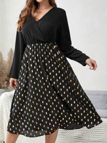 EMERY ROSE 大尺寸波點圖案 V 領長袖連身裙 - 黑色 - 查看 1