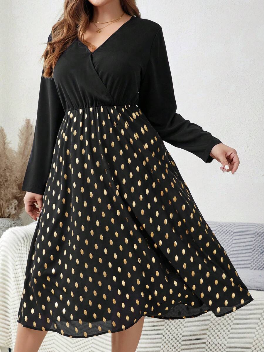 EMERY ROSE 大尺寸波點圖案 V 領長袖連身裙 - 黑色 - 查看 1