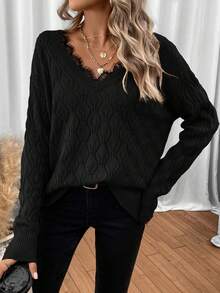 SHEIN LUNE Eyelash Lace Trim Drop Shoulder Sweater - Black - View 7