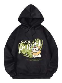 Flirla Plus Size Cartoon & Slogan Graphic Thermal Lined Drawstring Sweatshirt - Black - View 10