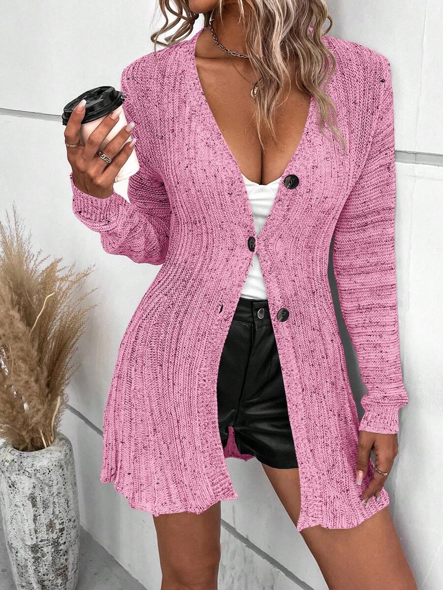 SHEIN LUNE Nút phía trước Áo len Mở - Hồng - Xem 1