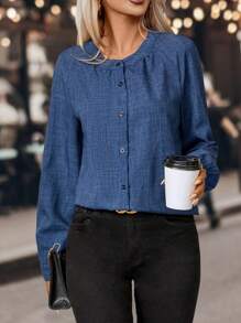 SHEIN LUNE Blusa unicolor con botón delantero de manga raglán - Azul - Ver 1