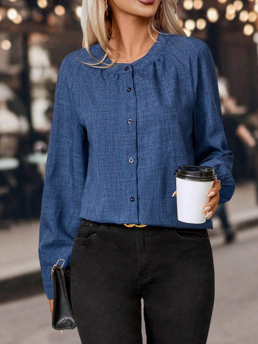 SHEIN LUNE Solid Button Front Raglan Sleeve Blouse - Blue - View 1