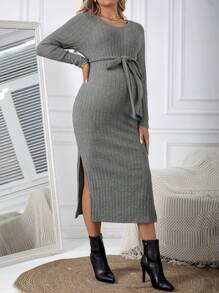 SHEIN Maternity Round Neck Raglan Sleeve Ribbed High Slit Hem Dress - Grey - View 1