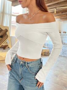 SHEIN Unity Suéter de punto corto con hombros descubiertos de unicolor para otoño e invierno - Blanco - Ver 6