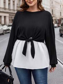 SHEIN LUNE Plus Size Women'S Color-Block Drop-Shoulder Shirt - Black and White - View 4