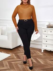 SHEIN Privé Plus Size Women's Sheer Half Collar Net Top - Brown - View 5