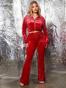 SHEIN SXY 鑲鑽字母圖案天鵝絨拉鍊運動衫 - 紅色 - 查看 3