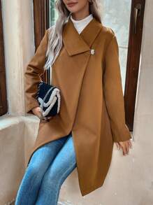 EMERY ROSE Áo khoác len cài nút đơn viền bất đối xứng cho nữ - Màu be - Xem 2