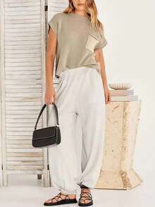 Women'S Batwing Short Sleeve Top And Pants Set - Khaki - View 3