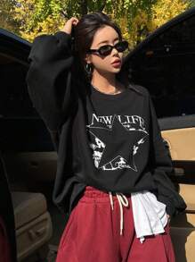 Dazy Star Women's Letter & Star Pattern Drop Shoulder Sweatshirt - Black - View 6