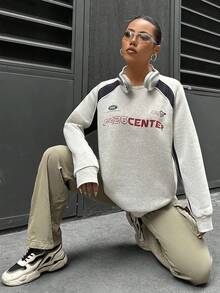 SHEIN Unity Women's Casual Colour Block Letter Printed Fleece Hoodie - Grey - View 3