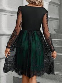 SHEIN Clasi Women's V-neck Lace Patchwork Dress - Green - View 2