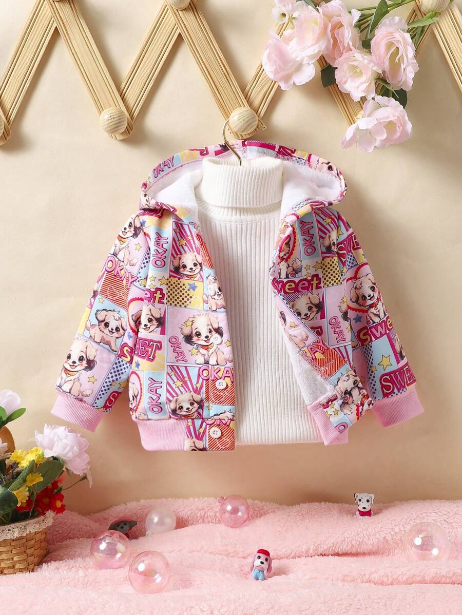 Baby Girls' Cartoon Letter Printed Hooded Jacket With Thermal Lined