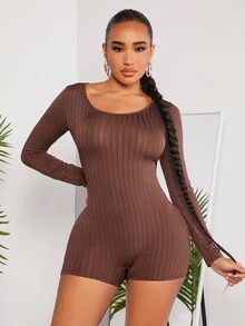 SHEIN SXY Của phụ nữ Không tay Scoop Cổ Sọc Quần áo nịt Romper - màu nâu - Xem 2