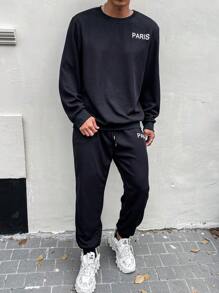 Manfinity Homme Men Plus Black Letter Print Sweatshirt And Sports Pants 2pcs/Set