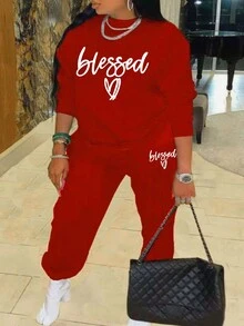 INAWLY Giải trí Lá thư In Áo nỉ Và Quần thể thao Bộ - Đỏ - Xem 6