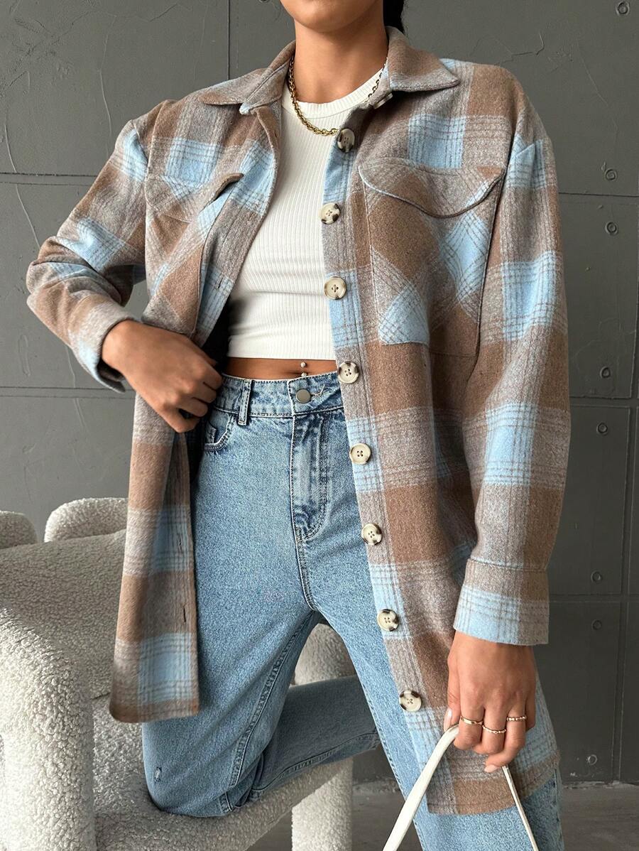 SHEIN Cottnline Women's Plaid Woolen Coat - Camel - View 1