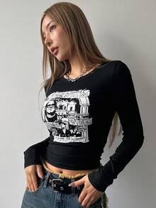 DAZY 字母印花長袖t恤 - 黑色 - 查看 6