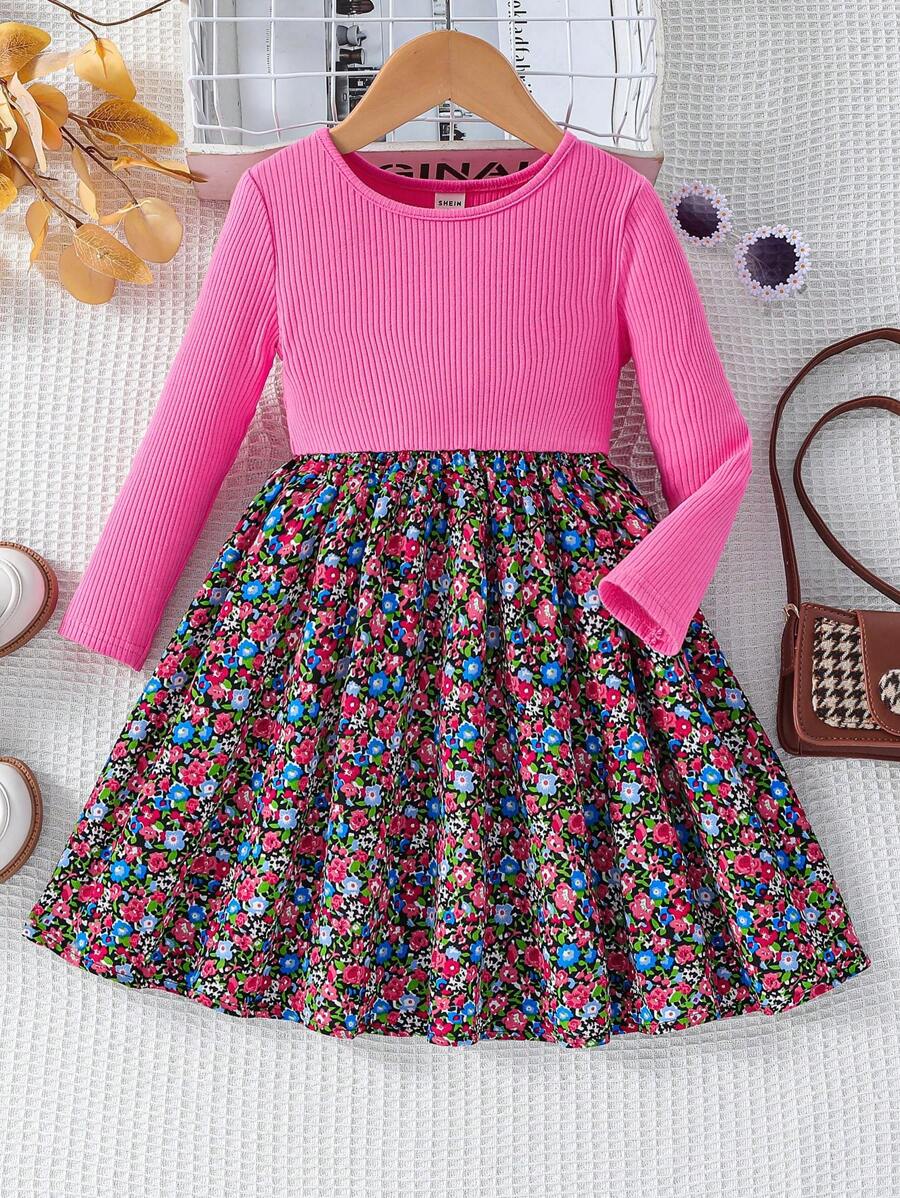 SHEIN Young Girl Round Neck Floral Patchwork Tutu Dress - Hot Pink - View 1