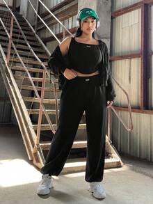 SHEIN EZwear 3 件/套大尺碼運動衫、背心和褲子 - 黑色 - 查看 5