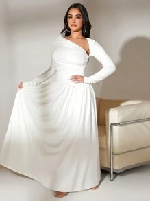 SHEIN SXY 女士不对称领口褶皱摆长裙女装 - 白色 - 查看 4