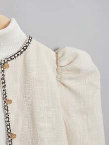 SHEIN 青少女學院風泡泡袖正面紐扣上衣和裙子套裝 - 白色 - 查看 4