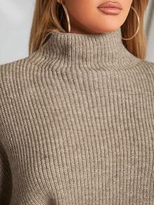 SHEIN SXY 女款純色高領蝙蝠袖毛衣 - 灰色 - 查看 4