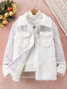 SHEIN Girls' (big) Plaid Jacket With Plush Patchwork Details - Beige - View 1