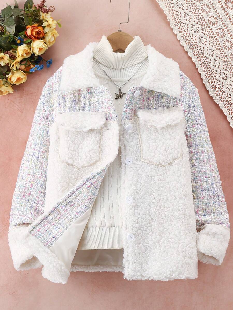 SHEIN Girls' (big) Plaid Jacket With Plush Patchwork Details - Beige - View 1