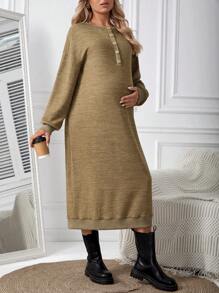 SHEIN Long Sleeve Maternity Sweatshirt Dress, For Winter - Khaki - View 3