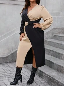 Calvaya 加上双色扭纹前开叉大腿连衣裙长款女装 - 彩色 - 查看 3