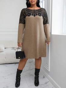 Calvaya Vestido De Talla Grande Para Mujer Con Parches De Encaje - Café integral - Ver 3