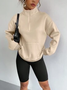 SHEIN EZwear Một nửa khóa kéo Túi kangaroo Thả vai Áo nỉ - Màu Khaki - Xem 3