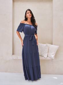 Shein女裝露肩長裙與腰帶 - 藏蓝色 - 查看 1